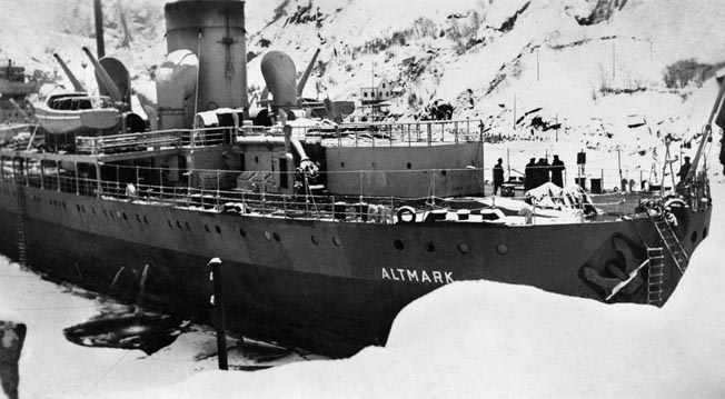 The German ship Altmark, pictured in Jossingfjord, February 1940. Loaded with captured British sailors, she was boarded in Norwegian waters by the Royal Navy, touching off a diplomatic crisis between Britain and Norway.