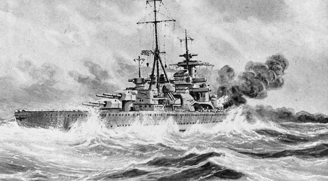 An illustration of the heavy German cruiser Admiral Hipper in action against HMS Glowworm. The British destroyer managed to ram and damage the Hipper before she was sunk.