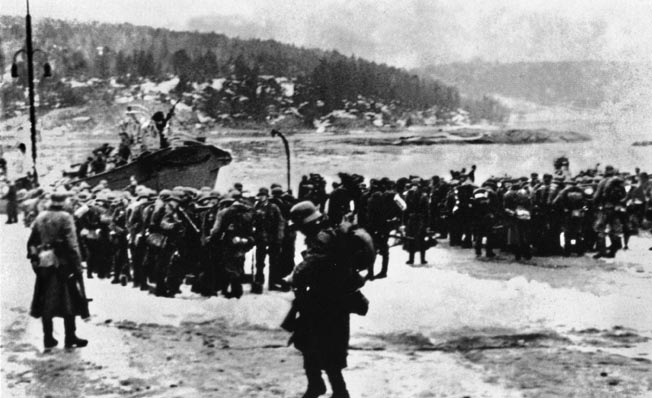 German seaborne troops disembark without opposition in a Norwegian port on April 9, 1940. The small, unprepared Norwegian Army was rapidly overwhelmed by the German onslaught.