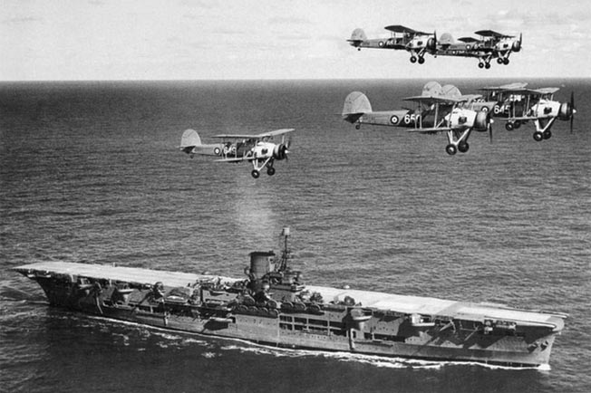 Obsolescent British Swordfish biplanes from HMS Ark Royal, above, flew missions against the Germans at Trondheim airfield and later provided air cover for the Allied embarkation.