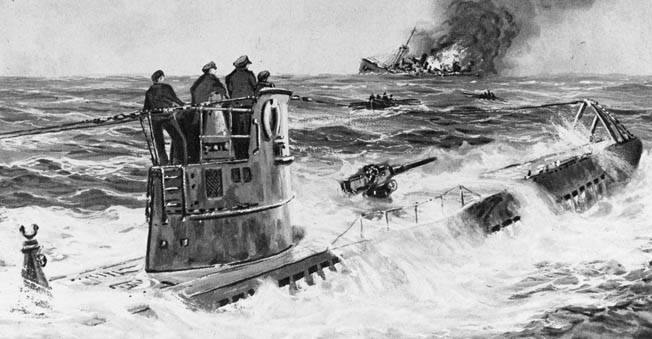 In this painting by German war artist Adolf Bock, the commander of a U-boat and several other German sailors watch the death throes of a British merchant ship they have torpedoed in the Atlantic in 1941.
