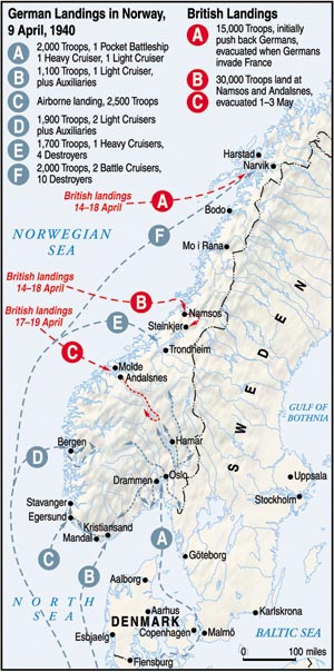 Operation Weserübung involved the landing of some 120,000 troops by sea and air along nearly the whole length of Norway’s coast. The British then invaded in an unsuccessful attempt to evict the Germans.